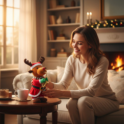 TAŃCZĄCY RENIFER W STROJU MIKOŁAJA Z SAKSOFONEM GRAJĄCA OZDOBA ŚWIĄTECZNA