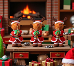 TAŃCZĄCY RENIFER W STROJU MIKOŁAJA Z SAKSOFONEM GRAJĄCA OZDOBA ŚWIĄTECZNA