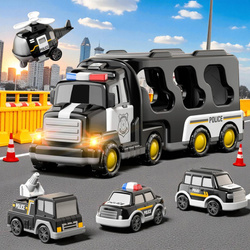 ZESTAW POLICYJNY AUTO POLICJA TRANSPORTER GARAŻ CIĘŻARÓWKA NA BATERIE Z LED