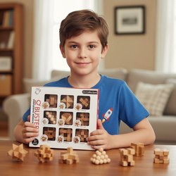 Zestaw 9 Łamigłówek Drewnianych IQ Busters Kostka Zagadki Logiczne Klocki