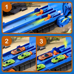 Ciężarówka Dinozaur 3w1 Tor Wyścigowy Wyrzutnia Autek Schowek 6 Resoraków