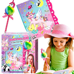 PAMIĘTNIK SEKRETNY NA KOD SZYFR DŁUGOPIS UNICORN JEDNOROŻEC Z POMPONEM