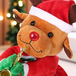 TAŃCZĄCY RENIFER W STROJU MIKOŁAJA Z SAKSOFONEM GRAJĄCA OZDOBA ŚWIĄTECZNA