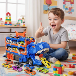 Ciężarówka Dinozaur 3w1 Tor Wyścigowy Wyrzutnia Autek Schowek 6 Resoraków