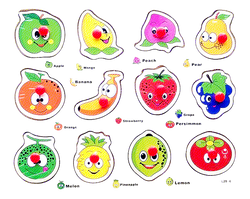 Drewniana Układanka Sorter Tablica do Nauki Owoców Owoce Warzywa Puzzle 12e