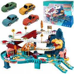 Kolejka Tor Wyścigowy Parking Dinozaur 4 Auta Elektryczna Z Winda Tunel XXL