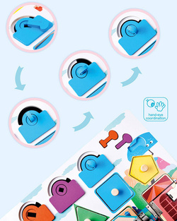 TABLICA SENSORYCZNA DREWNIANA Z ZAMKAMI DO ODKRYWANIA MOTORYKI DZIECKA