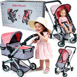 WÓZEK GONDOLA DLA LALEK LALKI GŁĘBOKI SPACEROWY ZABAWKA 2W1  DUŻE KÓŁKA