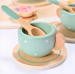 DREWNIANY ZESTAW HERBACIANY DLA DZIECI ZASTAWA DZBANEK TALERZYKI TACA 15 EL