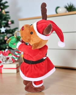 TAŃCZĄCY RENIFER W STROJU MIKOŁAJA Z SAKSOFONEM GRAJĄCA OZDOBA ŚWIĄTECZNA