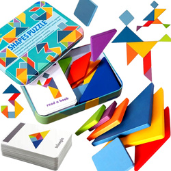 TANGRAM DREWNIANE PUZZLE UKŁADANKA W METALOWYM PUDEŁKU +120 KART Z FIGURAMI
