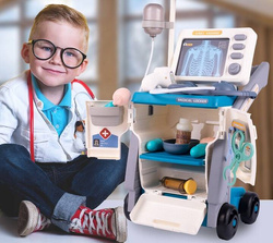 MAŁY DOKTOR LEKARZ DLA DZIECI DUŻY ZESTAW LEKARSKI RENTGEN EKG NA WÓZKU