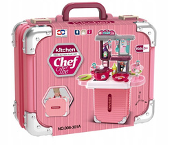 KUCHNIA DLA DZIECI KOMPLET Z GARNKAMI RÓŻOWA ZABAWKOWA WALIZKA 35 DODATKÓW