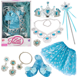 ZESTAW PRZEBRANIE STRÓJ KSIĘŻNICZKI KRÓLOWEJ ŚNIEGU KORONA SPÓDNICZKA BUTY