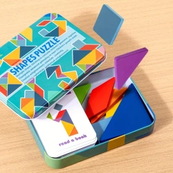 TANGRAM DREWNIANE PUZZLE UKŁADANKA W METALOWYM PUDEŁKU +120 KART Z FIGURAMI