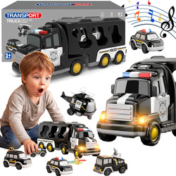 ZESTAW POLICYJNY AUTO POLICJA TRANSPORTER GARAŻ CIĘŻARÓWKA NA BATERIE Z LED