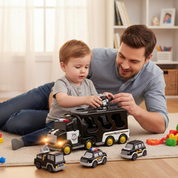 ZESTAW POLICYJNY AUTO POLICJA TRANSPORTER GARAŻ CIĘŻARÓWKA NA BATERIE Z LED