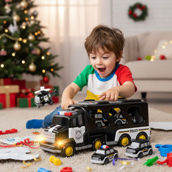 ZESTAW POLICYJNY AUTO POLICJA TRANSPORTER GARAŻ CIĘŻARÓWKA NA BATERIE Z LED