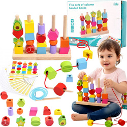 DREWNIANA UKŁADANKA KLOCKI SORTER KORALIKI ZESTAW DO NAWLEKANIA 25 el.