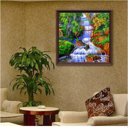 DIAMENTOWA MOZAIKA 30x40 CM MOST NAD WODOSPADEM W LESIE HAFT DIAMENTOWY