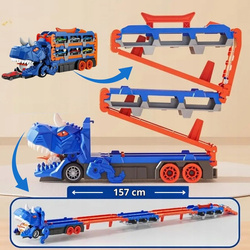 Ciężarówka Dinozaur 3w1 Tor Wyścigowy Wyrzutnia Autek Schowek 6 Resoraków